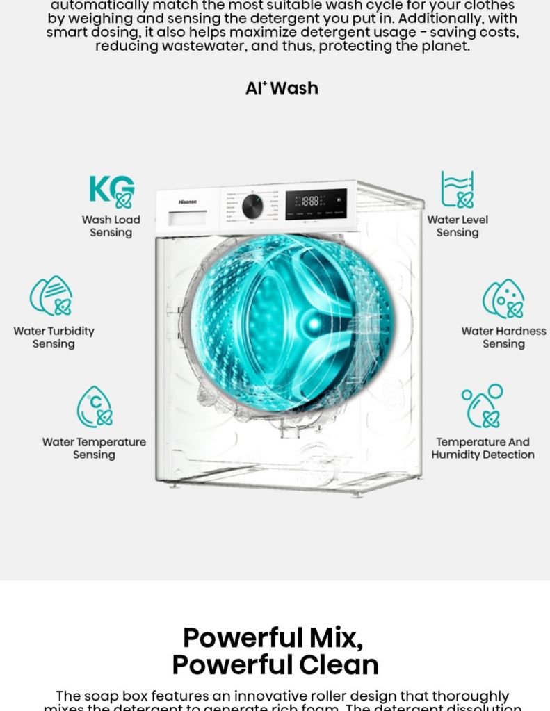 Close up of Hisense 9KG Front Load Washer 6KG Dryer smart sensor AI wash