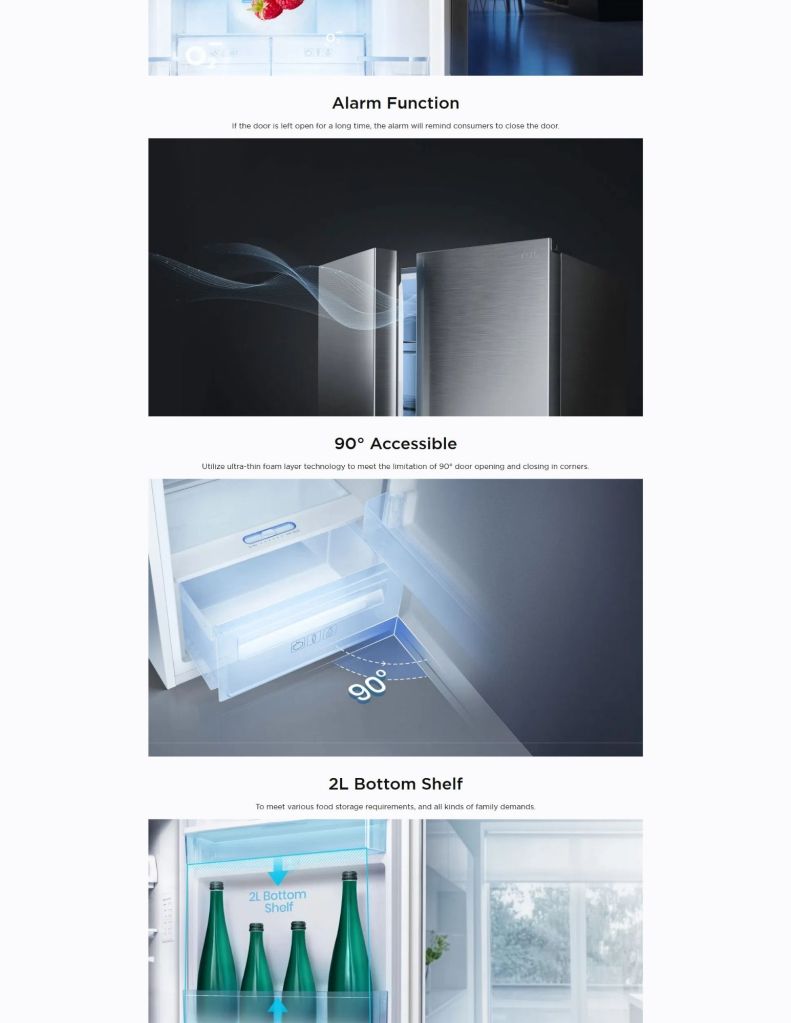 Close up of TCL 505L 4 Door Refrigerator alarm function, 90 accessible, 2L bottom shelf