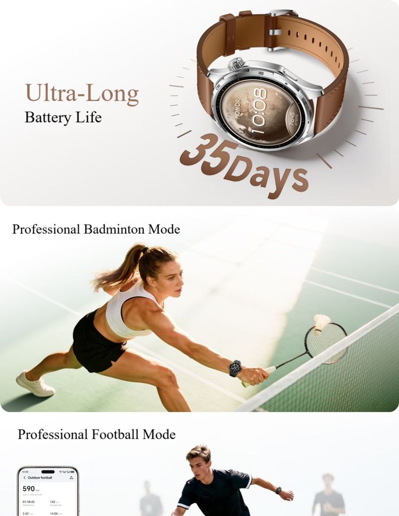 Close up of Honor Watch 6 ultra long battery life, professional badminton mode and professional football mode