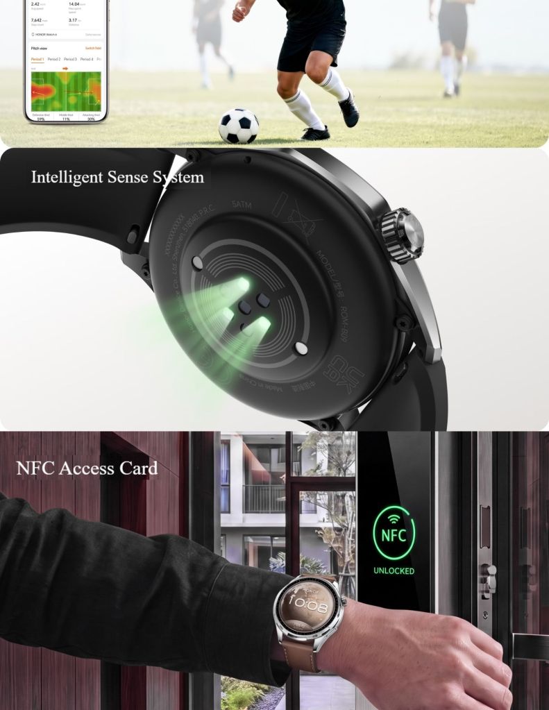Close up of Honor Watch 6 intelligent sense system and NFC access card