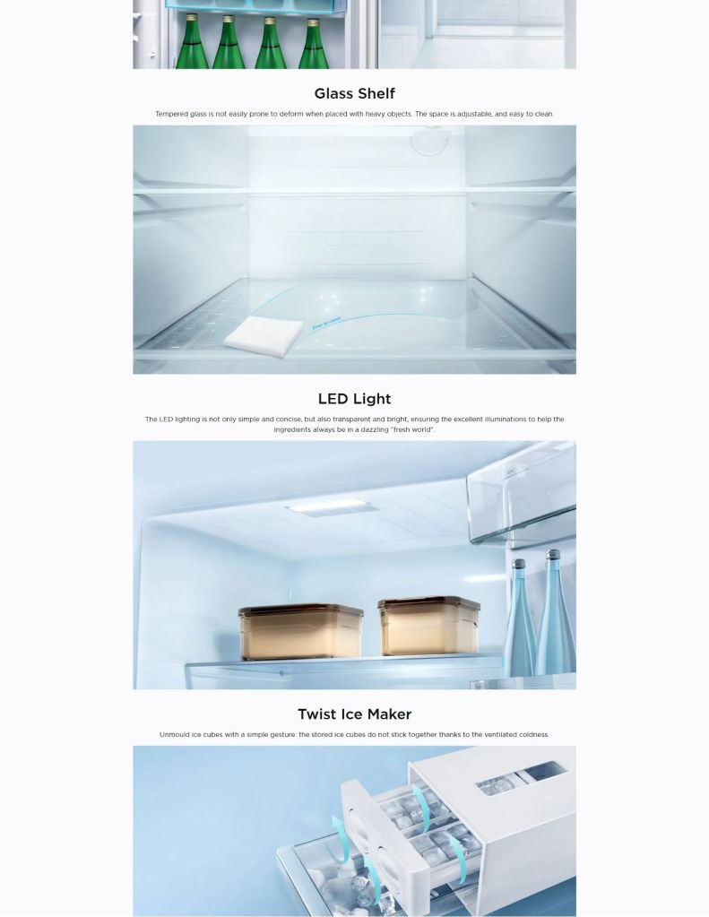 Close up of TCL 505L 4 Door Refrigerator glass shelf, LED light, twist ice maker