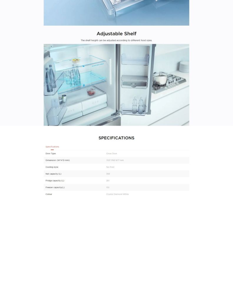 Close up of TCL 505L 4 Door Refrigerator adjustable shelf
