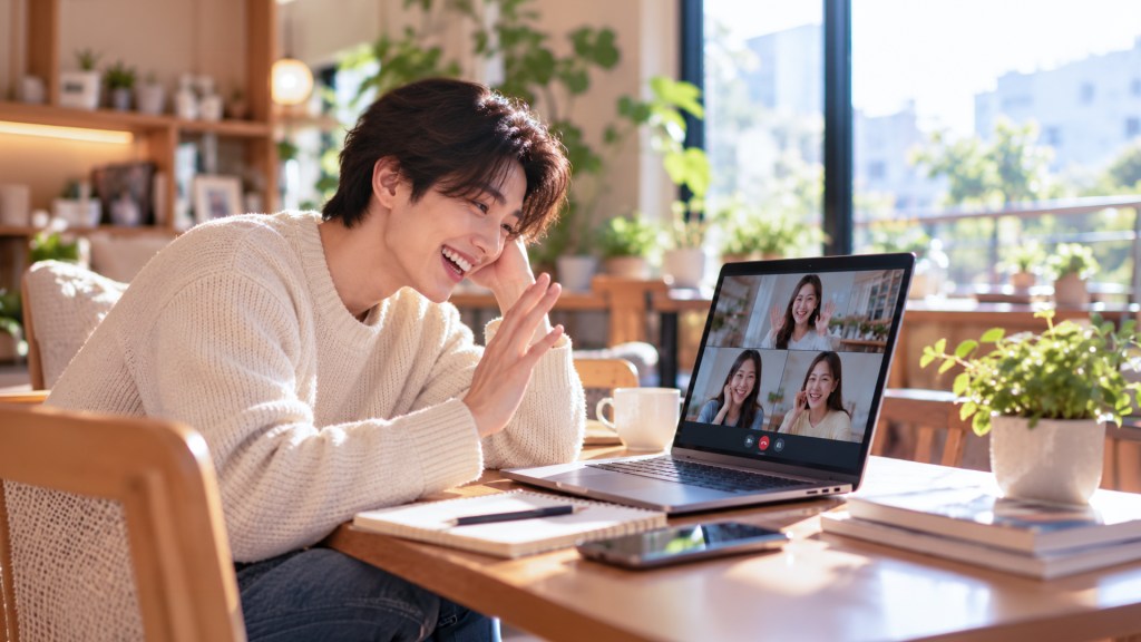 A man video-calling his friends on a laptop at a cafe.