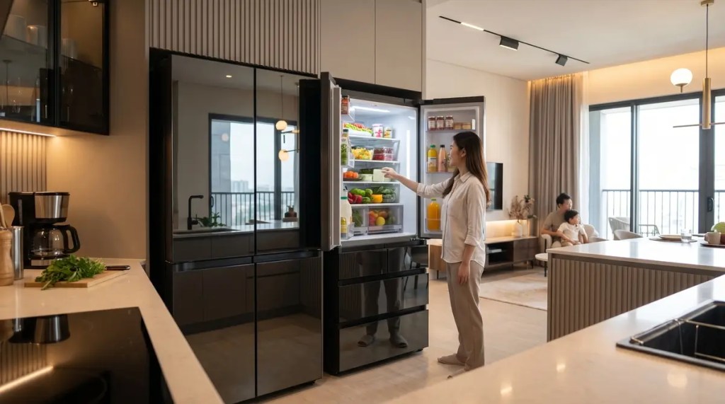 Sleek reflective black glass multi-door refrigerator integrated into a modern Malaysian high-rise open-concept kitchen and living area.