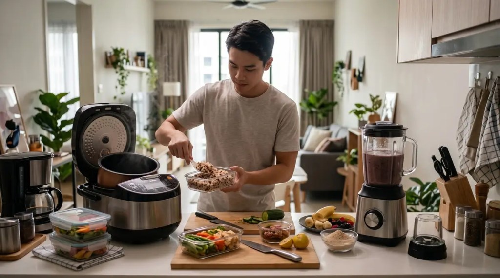 Young urban professional scooping freshly cooked mixed grains from an open fuzzy-logic digital rice cooker into a meal-prep container alongside a glass jar smoothie blender.