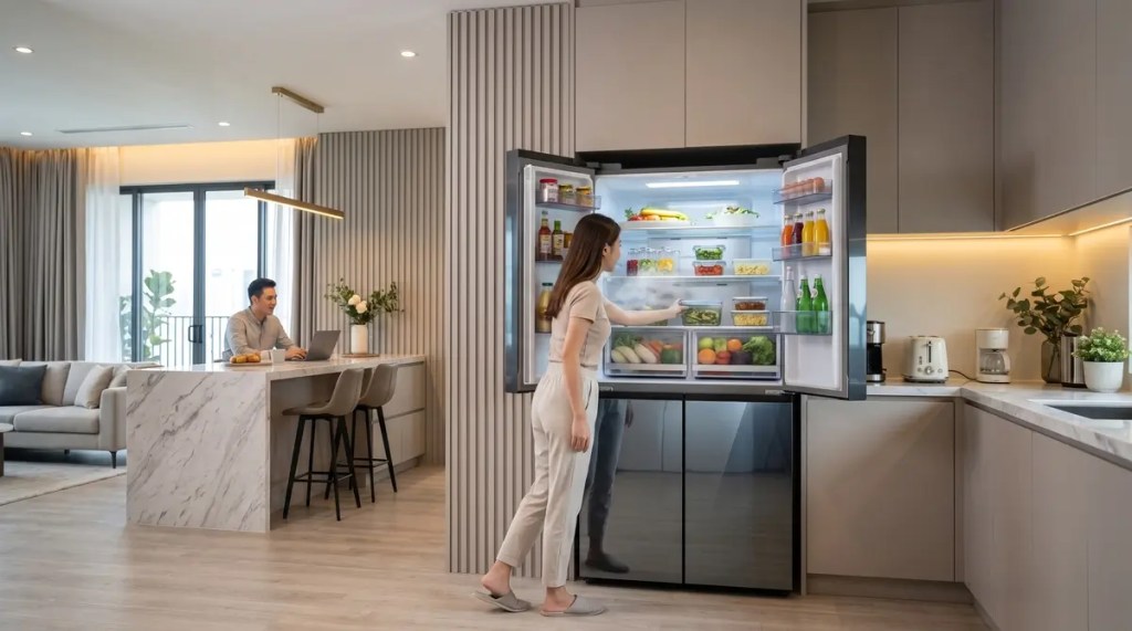 Sleek multi-door refrigerator integrated flush into minimalist cabinetry in a modern open-concept apartment kitchen with marble island.