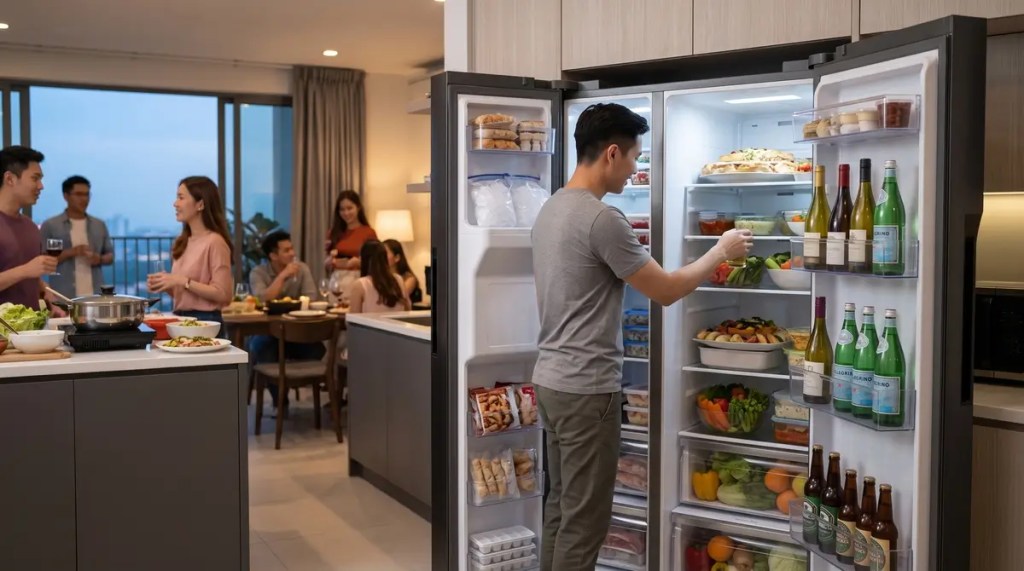 Large side-by-side refrigerator packed with party food, ice, and chilled beverages during an open-concept condo dinner gathering.