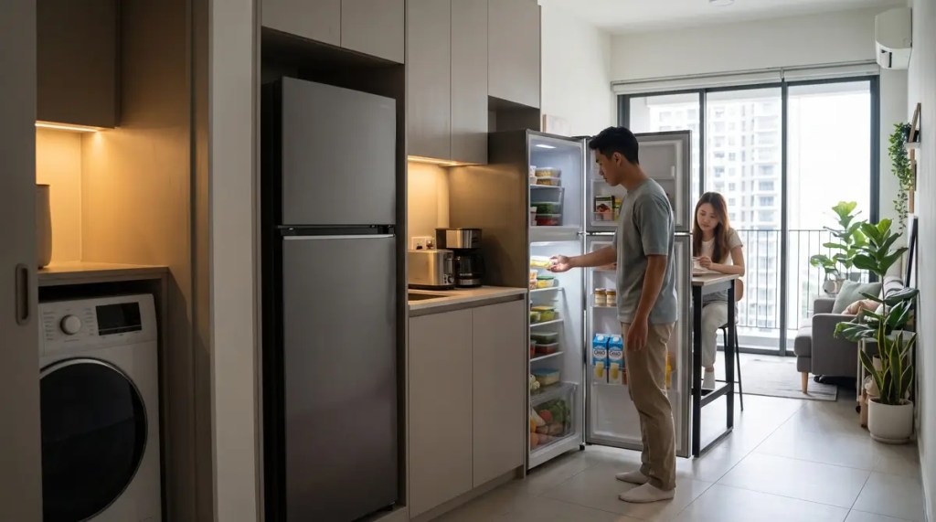 Space-efficient 300L-class top-mount refrigerator installed flush in a compact studio suite kitchenette, with a person accessing the open compartment.